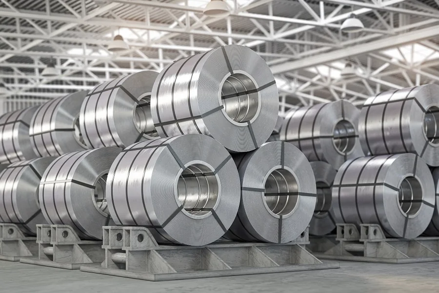 Rolled steel coils stacked in an industrial warehouse
